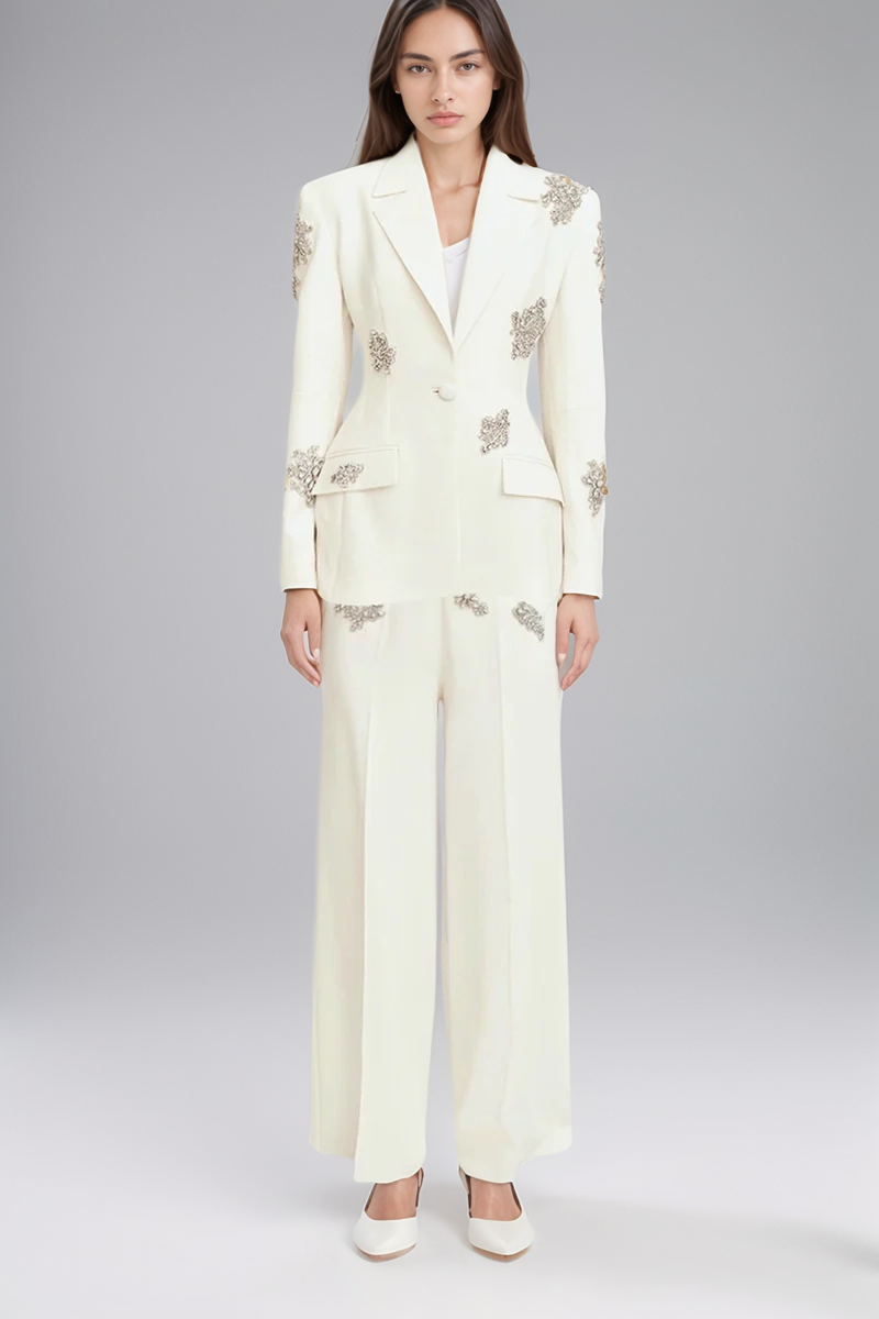 Refined Floral Embellished Pantsuit - White